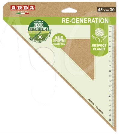 Linea Re-Generation, righello, riga e squadre realizzate in plastica eco-sostenibile con astuccio in carta riciclata